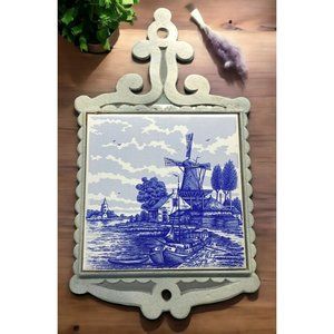 Vintage Dutch Windmill Trivet Countryside Boats Blue White Tile Made in Japan